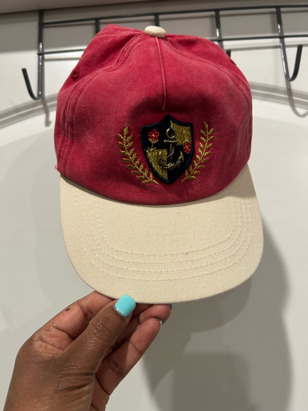 Free People Red and Cream Crest Embroidered Baseball Cap